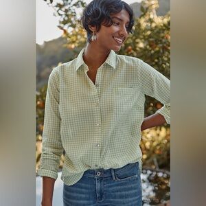 J JILL NWT M One-Pocket Shirred-Back Shirt in Sagebrush Cream • Sage Gingham Top